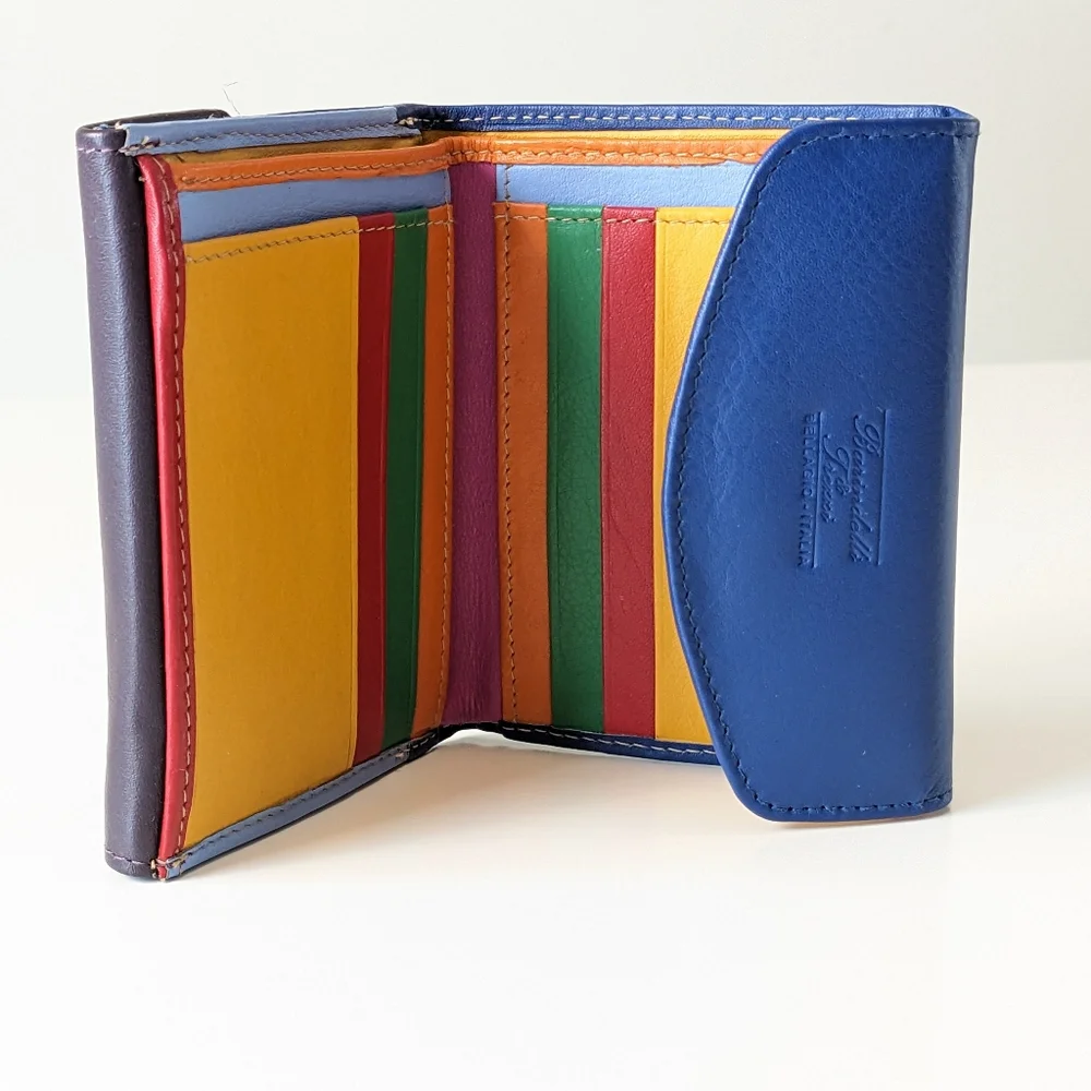 Multicolor Leather Card Holder Wallet - Blue Exterior